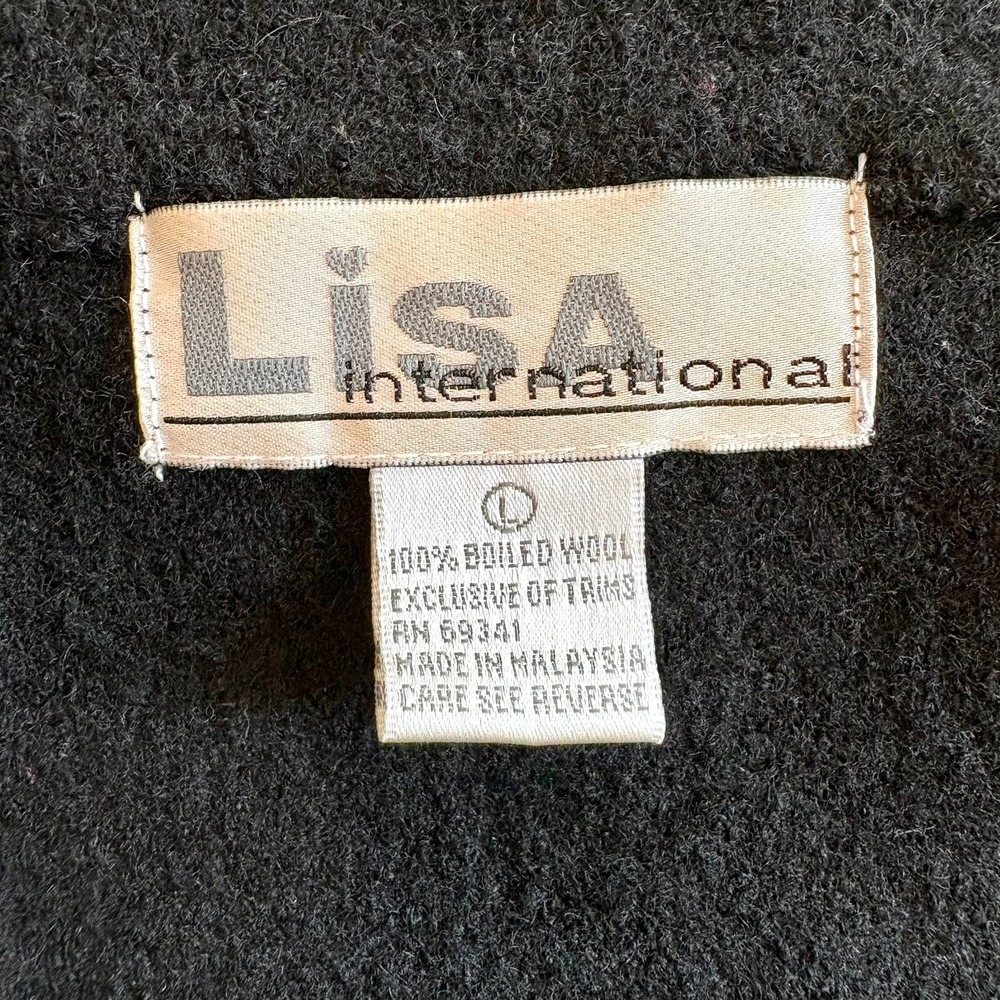 Vintage Lisa International Black Boiled Wool Jacket M Contrast Stitch Monochrome - Picture 5 of 9